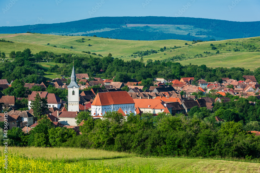 View to the village with fortified church, Darjiu, Transylvania, Romania