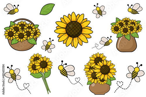 Set of isolated  bees and sunflowers. Vector illustration. Set of sunflowers with cute cartoon bees isolated on white background. 