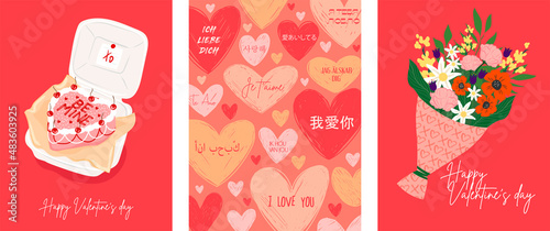 Valentine's Day! February 14. Set of vector cute illustrations of a cake, a bouquet of flowers,  a background with hearts  
