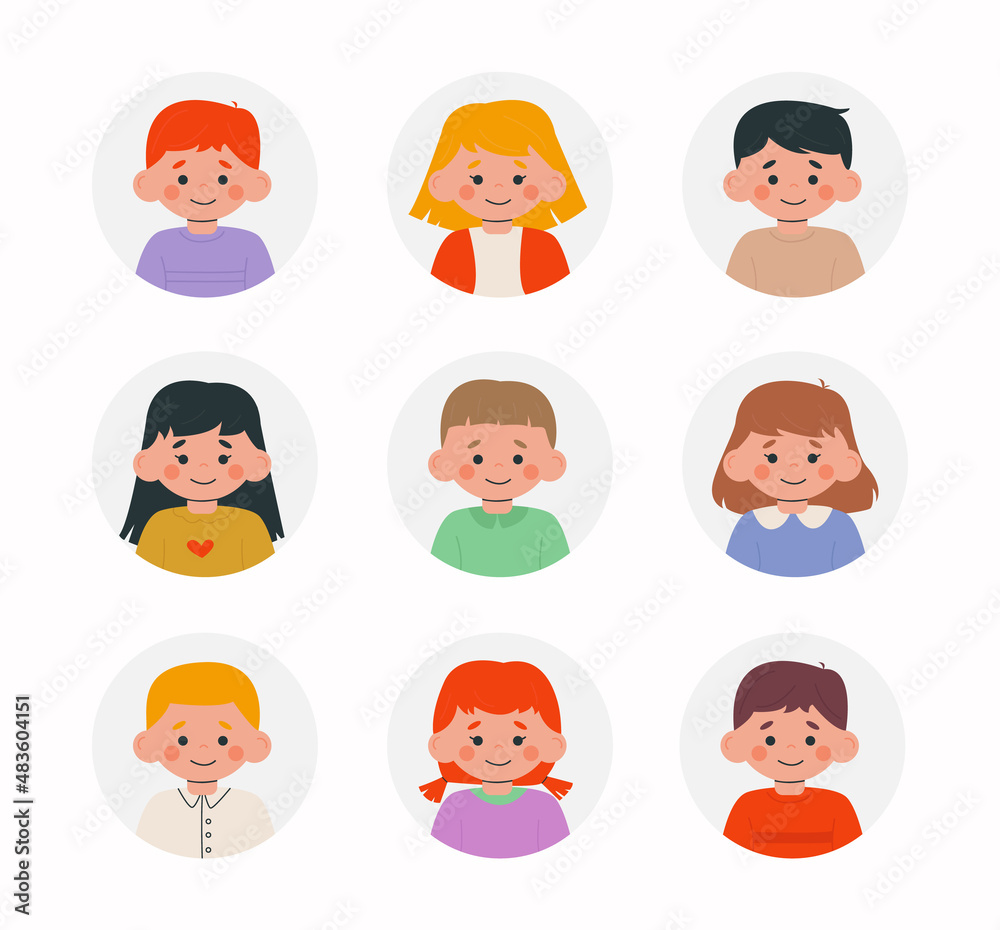 Kids portraits set. Happy kid , child profile avatar for social media or blog account. Vector illustration of cute children's faces in flat cartoon style. Collection of avatars. Elements are isolated. Kids portraits set. Happy kid , child profile avatar for social media or blog account. Vector illustration of cute children's faces in flat cartoon style. Collection of avatars. Elements are isolated.