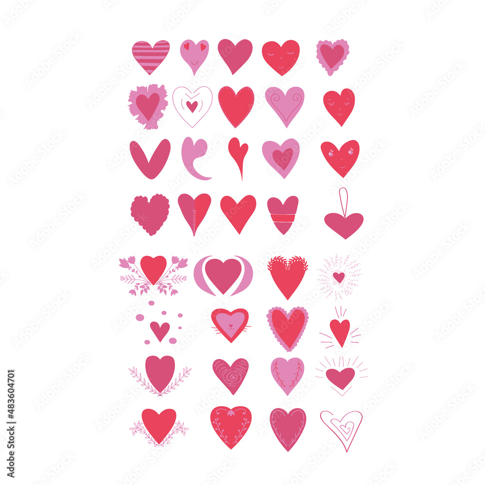 Doodle hearts. Set for Valentine's day or wedding design. Vector Illustration.