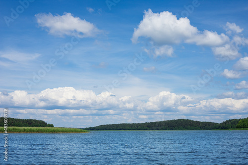 Background with summer landscape lake and green trees, cumulus clouds in the sky