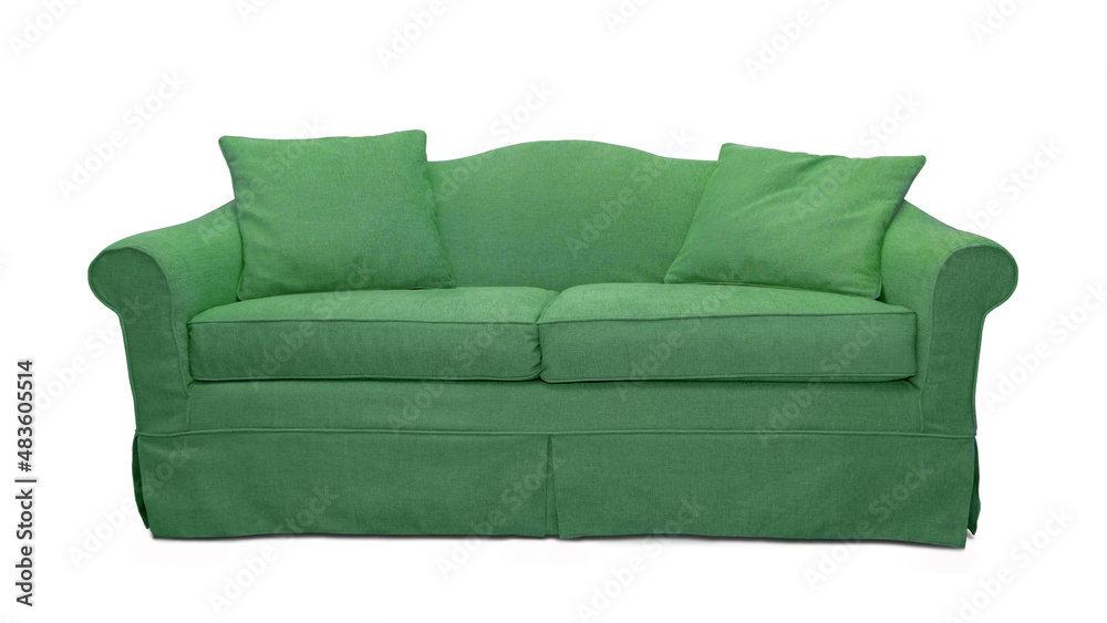 Naklejka premium Green sofa with two pillows isolated on white background. Green classic style couch with upholstery cover