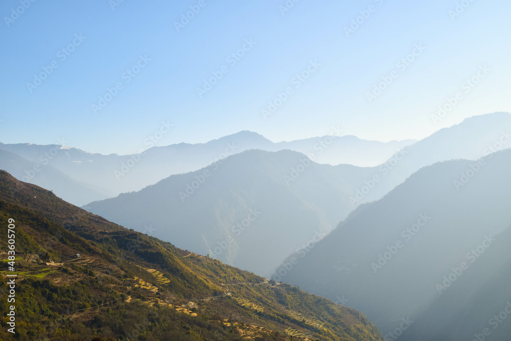 Fototapeta premium Himalaya mountains in Nepal. Tamang Heritage Trail and Langtang trek day 2 from Gatlang to Tatopani