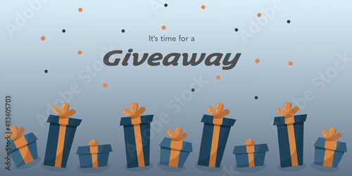 Giveaway. Bright background with vector illustration. Lettering, gift boxes, gradient. Banner for printing, screensaver for the site. Rectangular shape. photo