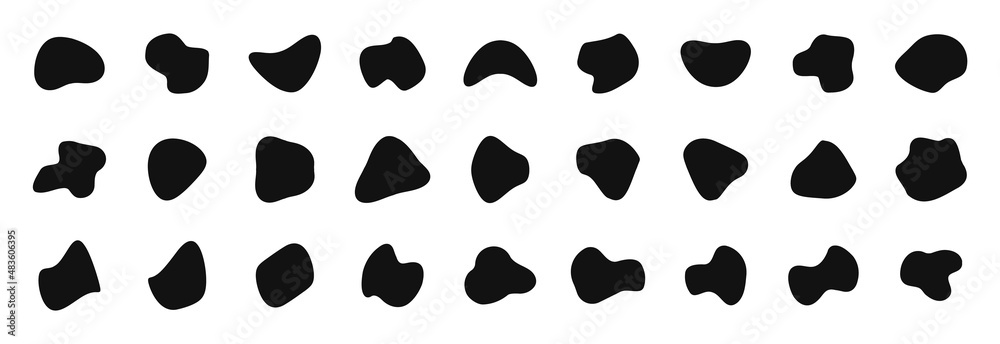 Random black blotch. Organic blobs of irregular shape. Inkblot, spot shapes. Abstract organic shapes. Liquid elements drop, pebble. Futuristic shape ink stain. Vector illustration.