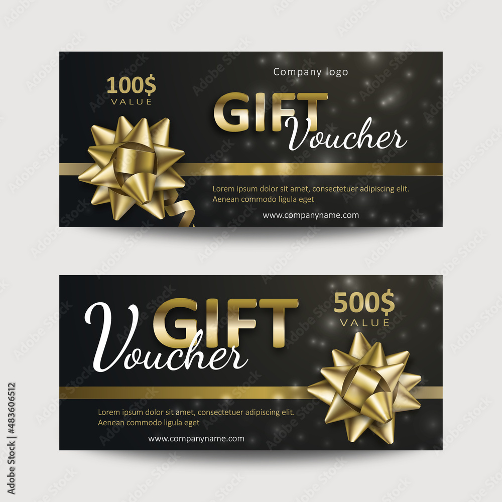 Set of gift vouchers with golden ribbons and bows. Template for a festive gift coupon, invitation and certificate. Vector Illustration - obrazy, fototapety, plakaty 