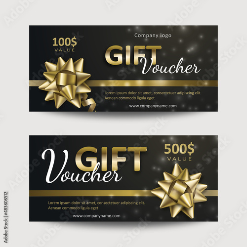 Set of gift vouchers with golden ribbons and bows. Template for a festive gift coupon, invitation and certificate. Vector Illustration