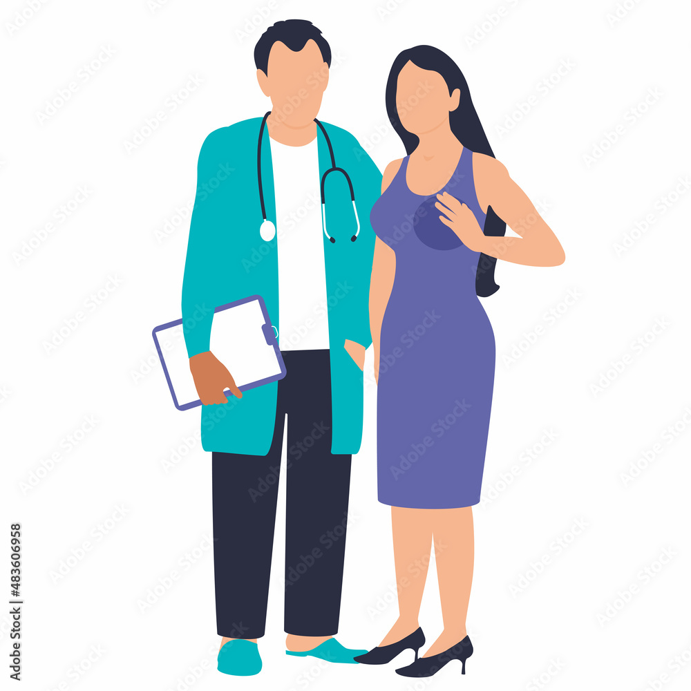 A man doctor in a medical gown  with a stethoscope and a woman patient in a dress. Diseases of the female reproductive system. The risk of developing cancer, oncology of the mammary glands. 