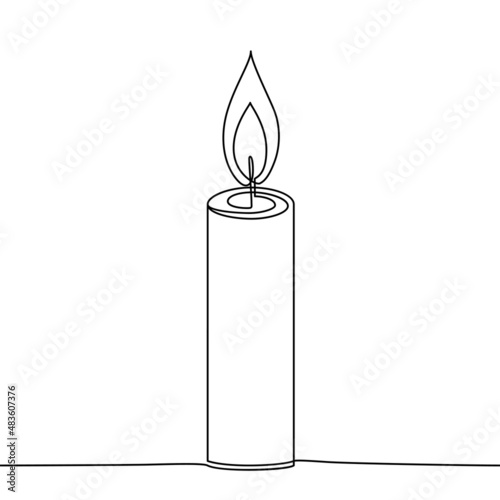Continuous line drawing of wax candle with flame. Vector sketch of paraffin candle with fire in one black contour isolated on whith background