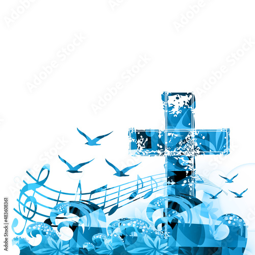 Christian cross isolated with musical notes, waves and seagulls vector illustration. Religion themed background. Design for gospel church music, choir singing, concert, festival, Christianity, prayer