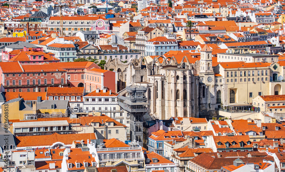 View over the red roofs of Lisbon, Alfama district with pastel colored houses. Portugal  