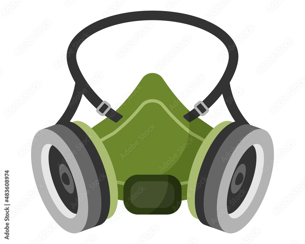 Army green gas mask or respirator for protection against chemical weapons, poisonous gas with carbon filters. Army green gas mask or respirator for protection against chemical weapons, poisonous gas with carbon filters.