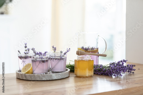 Honey and lavender bouquets. Virus treatment concept. Wooden table.