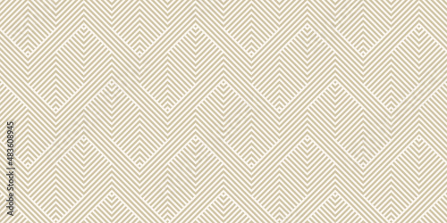 Golden geometric lines seamless pattern. Simple vector texture with diagonal stripes, lines, chevron, zigzag. Abstract gold and white linear graphic background. Luxury modern ornament. Trendy design