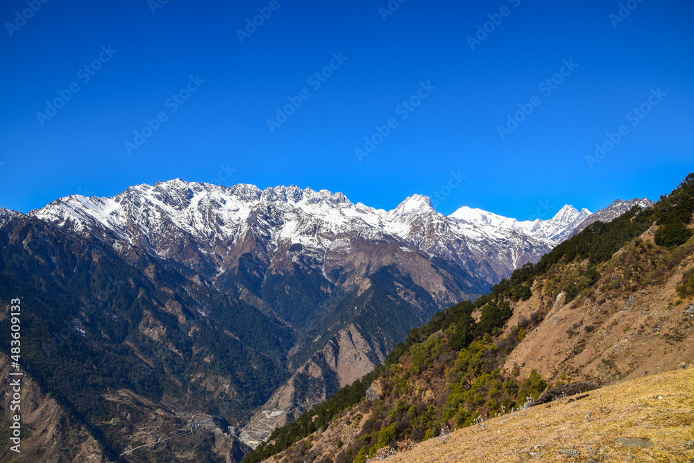Fototapeta premium Himalaya mountains in Nepal. Tamang Heritage Trail and Langtang trek day 3 from Tatopani to Nagthali