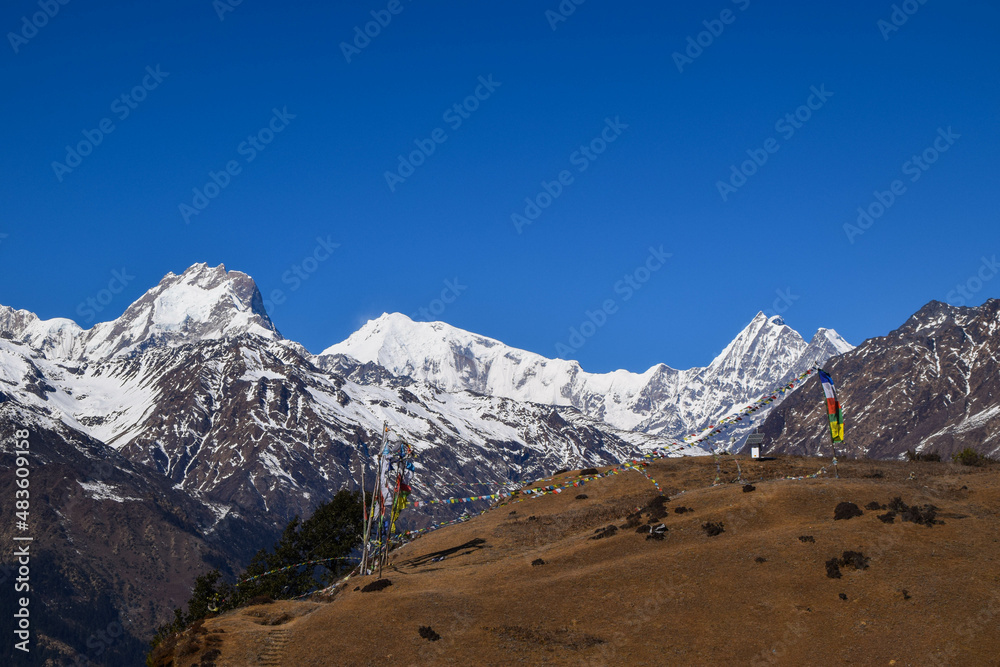 Himalaya mountains in Nepal. Tamang Heritage Trail and Langtang trek day 3 from Tatopani to Nagthali