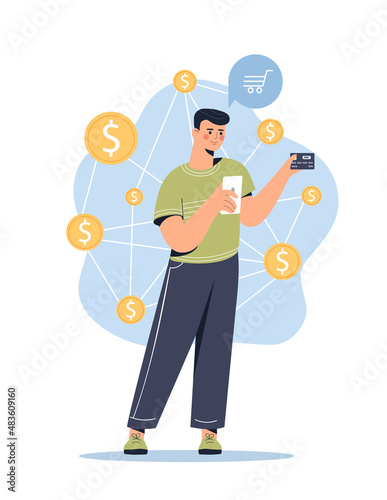 Mobile banking concept. Man pays for purchases in online store. Card and noncash transfers. Globalization and modern technologies. Young guy in internet shop or store. Cartoon flat vector illustration