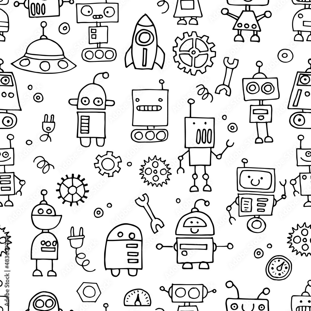 vector seamless pattern. drawings in doodle style. cute robots, simple  illustration for kids. black and white robots, technology of the future  Stock-Vektorgrafik | Adobe Stock