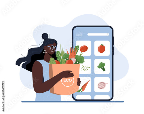 Order products online. Girl chooses goods in online store, shopping and cashless transfers. Modern service and home delivery. Selfisolation, comfort and convenience. Cartoon flat vector illustration