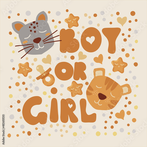 Gender party, baby shower concept. Boy or girl party reveal. Lettering phrase with cute hand drawn animals on a beige background. Ready to print on a t-shirt, bodysuit, romper, scrapbook paper. Vector