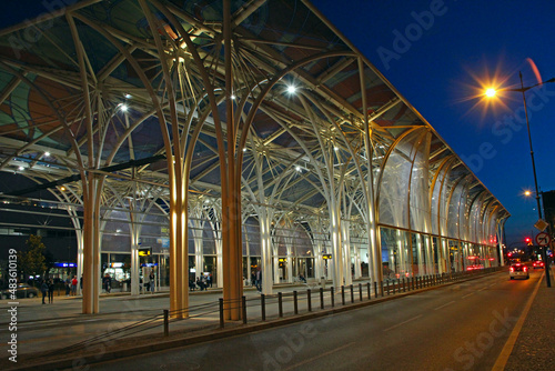 Tram depot illuminated in the evening in the city of Lodz