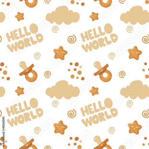 Seamless pattern with beige clouds, stars, lettering phrase hello world on white background. Texture, backdrop. Ready for posters, banners, paper wrapping, nursery decorations, scrapbooking. Vector il