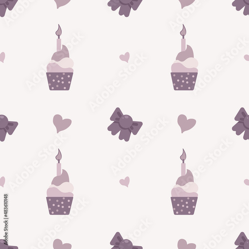 Cute cupcakes, pink bows and small hearts on a light background. Seamless pattern for wrapping paper, decoration, poster, banner, wallpaper, scrapbooking. Vector illustration printable