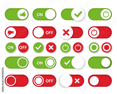 On and Off toggle switch buttons set. Slider interface green and red power icons. Toggle slide for web, mobile up interface. Vector illustration.