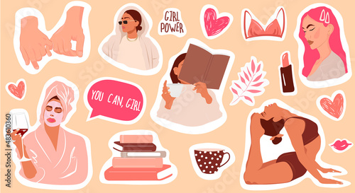 Vector stickers set. Female cartoon badges with.
