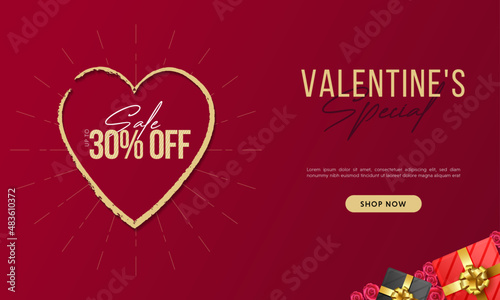 Valentine day sale promotional campaign or offer banner template with red background vintage, gold shape and text design