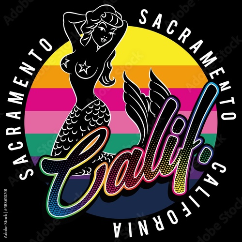 Illustration vector cool mermaid pinup with text california surf fashion design
