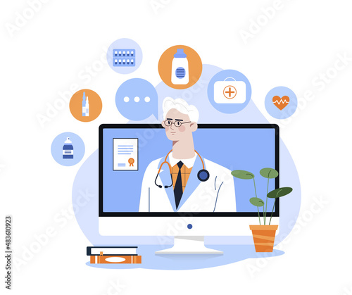 Concept of pharmacy. Modern technologies, video call or conference. Young guy selects medicines for patient, making diagnosis and choosing optimal treatment. Cartoon flat vector illustration