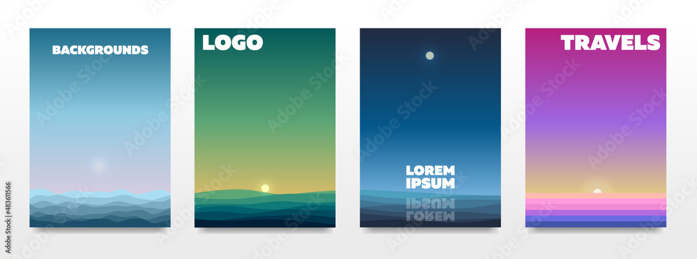 A set of landscape backgrounds in the style of minimalism. For booklets, advertisements, banners, posters. Vector format.