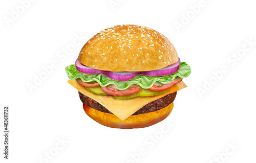 Vector drawing of a hamburger with cheese, tomatoes, chop, lettuce, onion, cucumber. Illustration for fast food menu design. Isolated hamburger icons