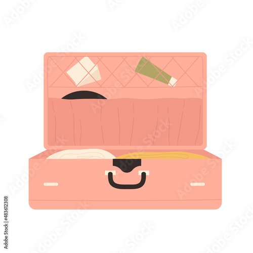 Pink open suitcase with clothes. Vintage travel case. Summer holiday concept.  Vector illustration in cartoon style. Isolated on white background.