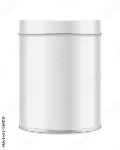 Round white glossy tin can with lid isolated on a black background
