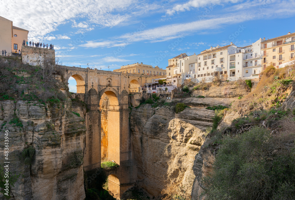 Panoramic view of the old city of Ronda, one of the famous white villages, at sunset in the province of Malaga, Andalusia, Spain