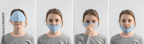 How to NOT wear a face covering or mask. Attractive fair-haired teenage girl wears protective face mask wrong way, incorrect wearing. The wrong ways to wear a mask. Wide banner photo