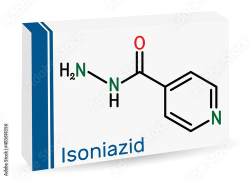Isoniazid, isonicotinic acid hydrazide, INH molecule. It is antibiotic, used to treat mycobacterial infections, primarily tuberculosis. Skeletal chemical formula. Paper packaging for drugs photo
