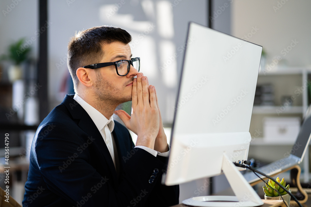 Pondering Thinking Businessman Using Office Computer