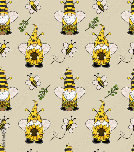 Seamless pattern background cute gnome with sunflower for summer and spring. Seamless pattern with gnomes, bees and sunflowers. Cute baby print. Seamless pattern with gnomes.