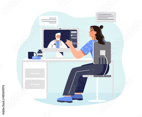Telehealth doctor consultation. Girl tells doctor about her problems. Patient survey, modern technologies, digital world. Video call or conference, woman in home. Cartoon flat vector illustration