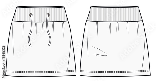 Skirt fashion flat sketch template. Mini skirt fashion flat. Short skirt with drawstring flat drawing. photo