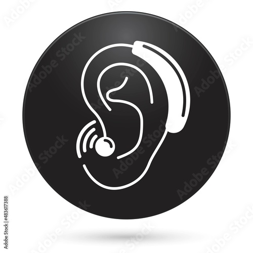 Hearing amplifier icon, black circle button, vector illustration.