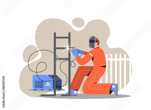 Welder at work. Man repairs battery, strengthens metal racks. Young guy in work clothes, worker. Repairmen fix problem in home or house. Protective mask and gloves. Cartoon flat vector illustration