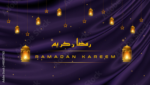 Ramadan Kareem Greeting Background Islamic with Gold Lantern on Luxury Purple Background. Ramadan Kareem Vector Illustration Template