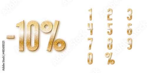 Vector label with 10 percent sale discount. Set of ten isolated metallic numbers with a golden glitter for advertising design or web banners
