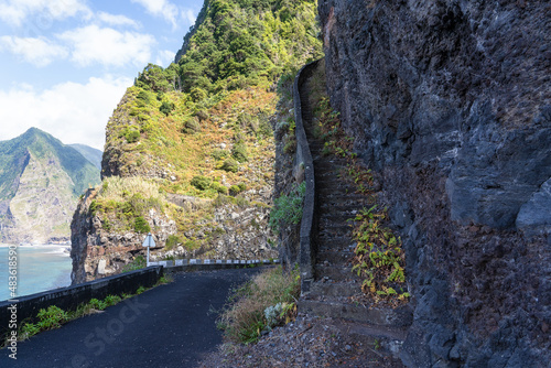 Dangerous part of the old road with rockfall