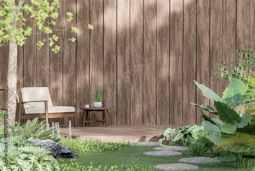 Fototapete Wooden terrace in the tropical garden style 3d render with old plank background